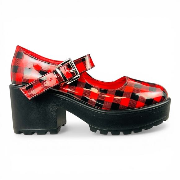 Koi Footwear Shoes - Koi Footwear Red Black Plaid Platform Mary Jane Chunky Lug Heel Size EU 36